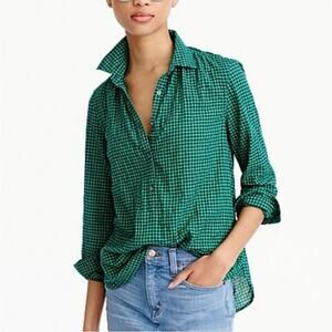 J. Crew Blue Green Gingham Popover Top Size 0 Shirt Cotton Casual Preppy F4818